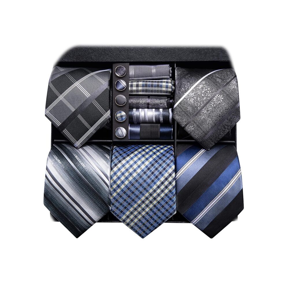2062 Lot 5 Pcs Gift Box Tie Set Necktie with Pocket Square Cufflinks Silk